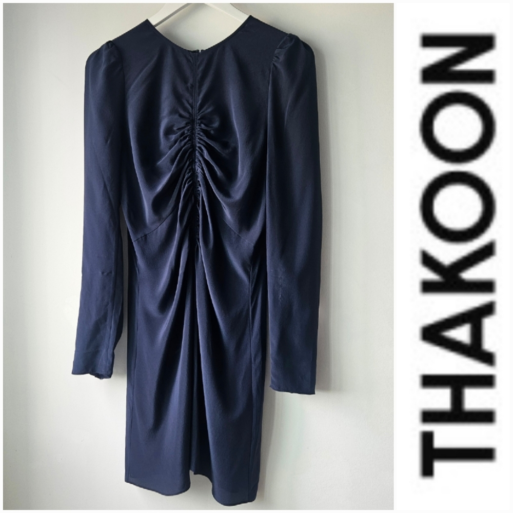 Thakoon Navy Silk Crew Scrunch Front Long Sleeve Mini Dress